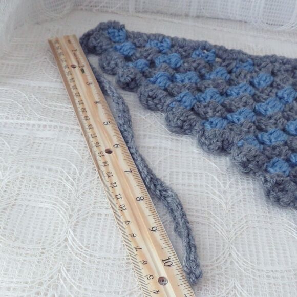 Handmade Crocheted Gray and Blue Bandana, Boho Style Head Covering, Cottage Core - Picture 6 of 7